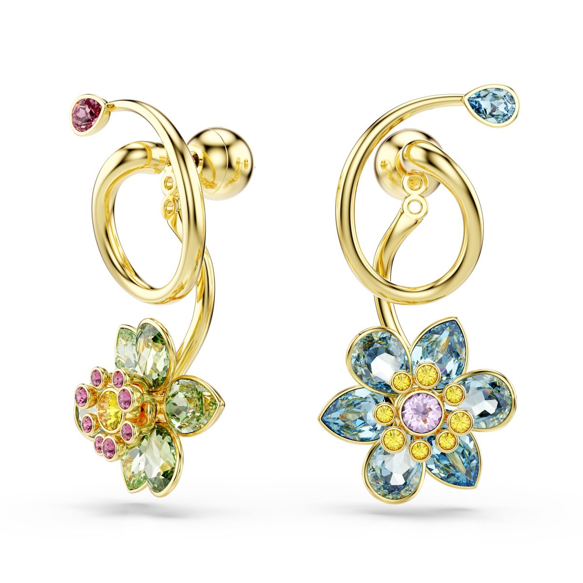 Idyllia Drop-Ohrhänger, Asymmetrisches Design, Verschiedene Schliffe, Blume, Mehrfarbig, Goldlegierungsschicht