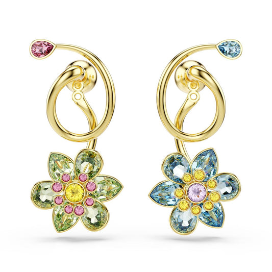 Idyllia Drop-Ohrhänger, Asymmetrisches Design, Verschiedene Schliffe, Blume, Mehrfarbig, Goldlegierungsschicht