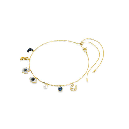 Symbolica Halsband, Mond, Unendlichkeitssymbol, Glücksklee, Augensymbol und Hufeisen, Blau, Goldlegierungsschicht