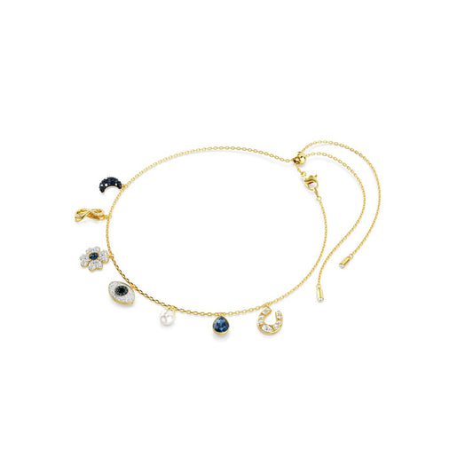 Symbolica Halsband, Mond, Unendlichkeitssymbol, Glücksklee, Augensymbol und Hufeisen, Blau, Goldlegierungsschicht