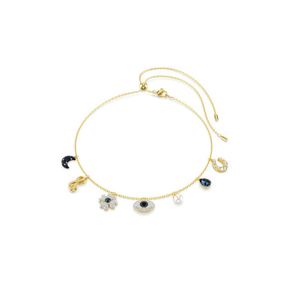 Symbolica Halsband, Mond, Unendlichkeitssymbol, Glücksklee, Augensymbol und Hufeisen, Blau, Goldlegierungsschicht
