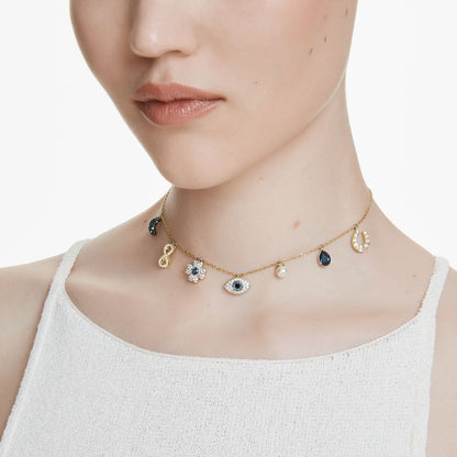 Symbolica Halsband, Mond, Unendlichkeitssymbol, Glücksklee, Augensymbol und Hufeisen, Blau, Goldlegierungsschicht