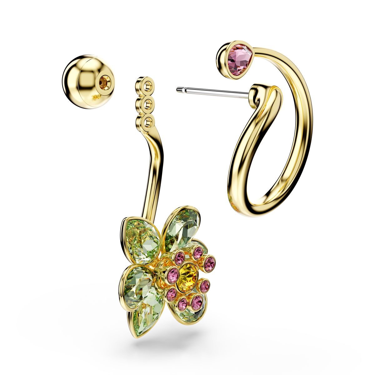 Idyllia Drop-Ohrhänger, Asymmetrisches Design, Verschiedene Schliffe, Blume, Mehrfarbig, Goldlegierungsschicht