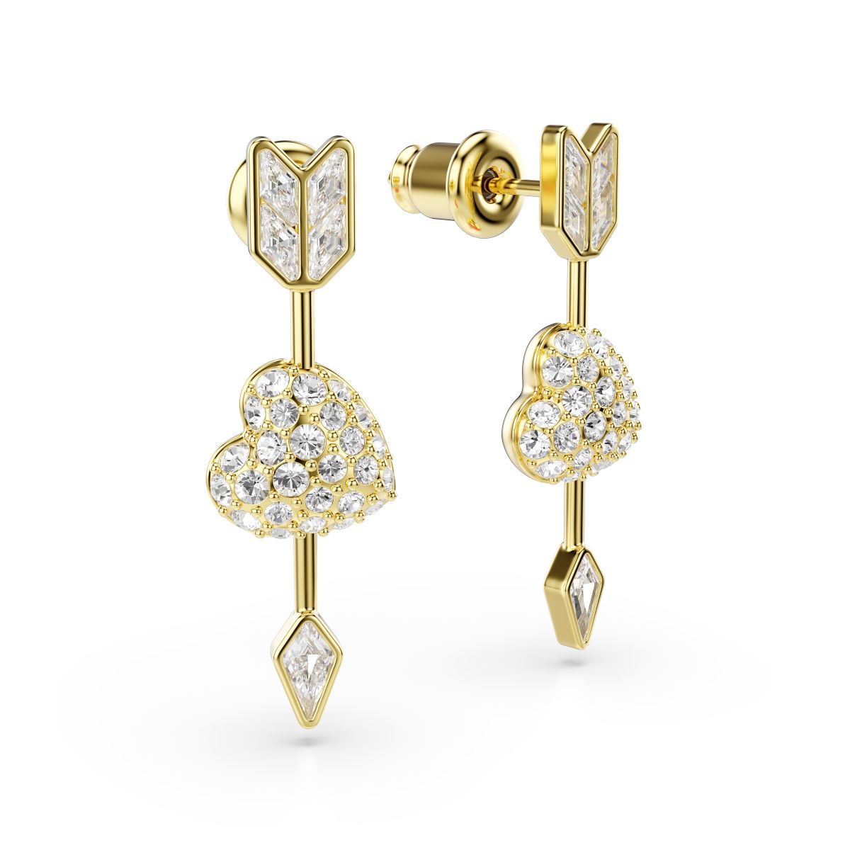 Idyllia drop earrings Mixed cuts, Heart with arrow, Pink, Gold-tone plated