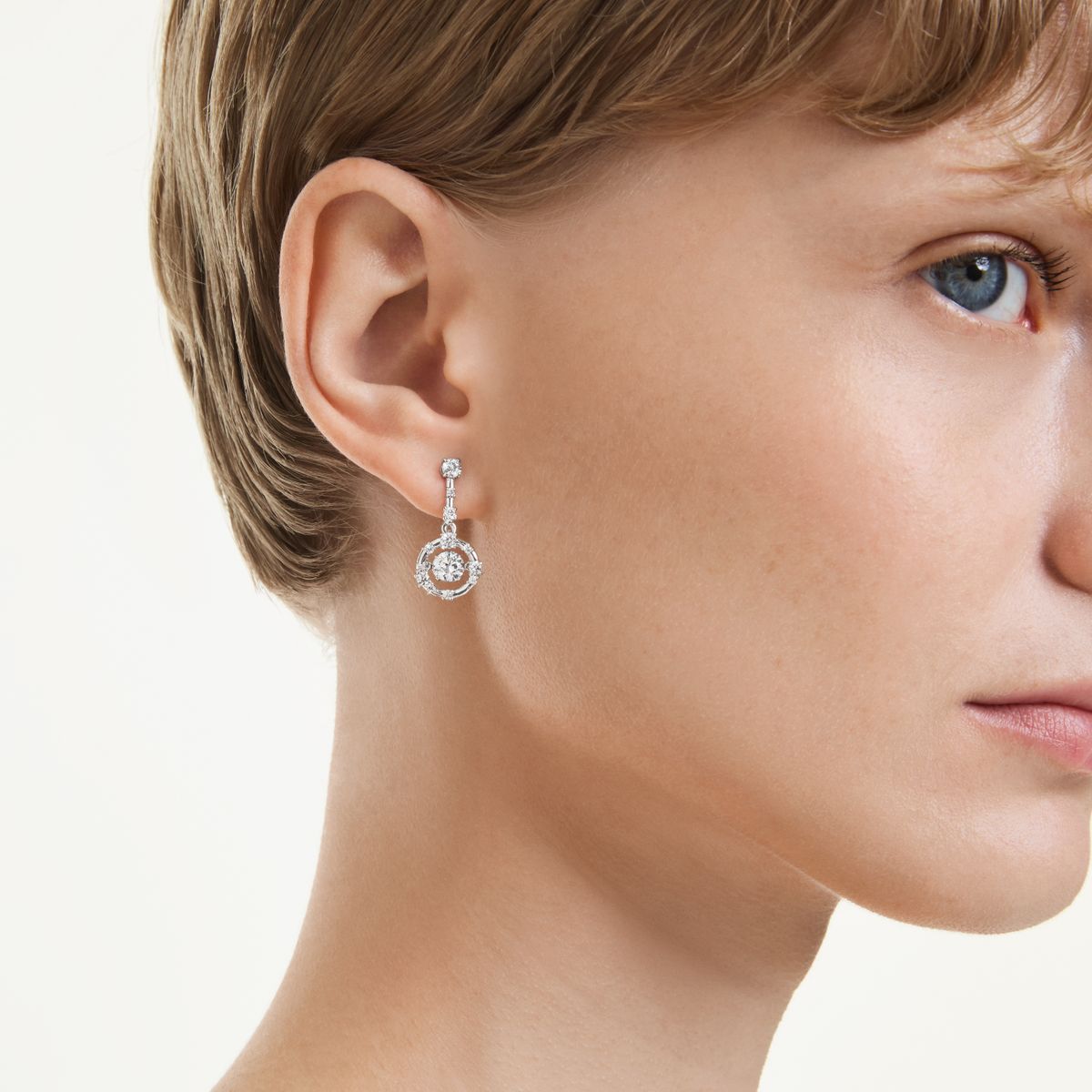 Constella drop earrings Round cut, Dancing stone, White, Rhodium plated