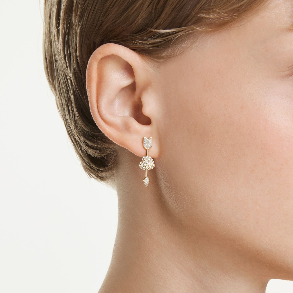 Idyllia drop earrings Mixed cuts, Heart with arrow, Pink, Gold-tone plated