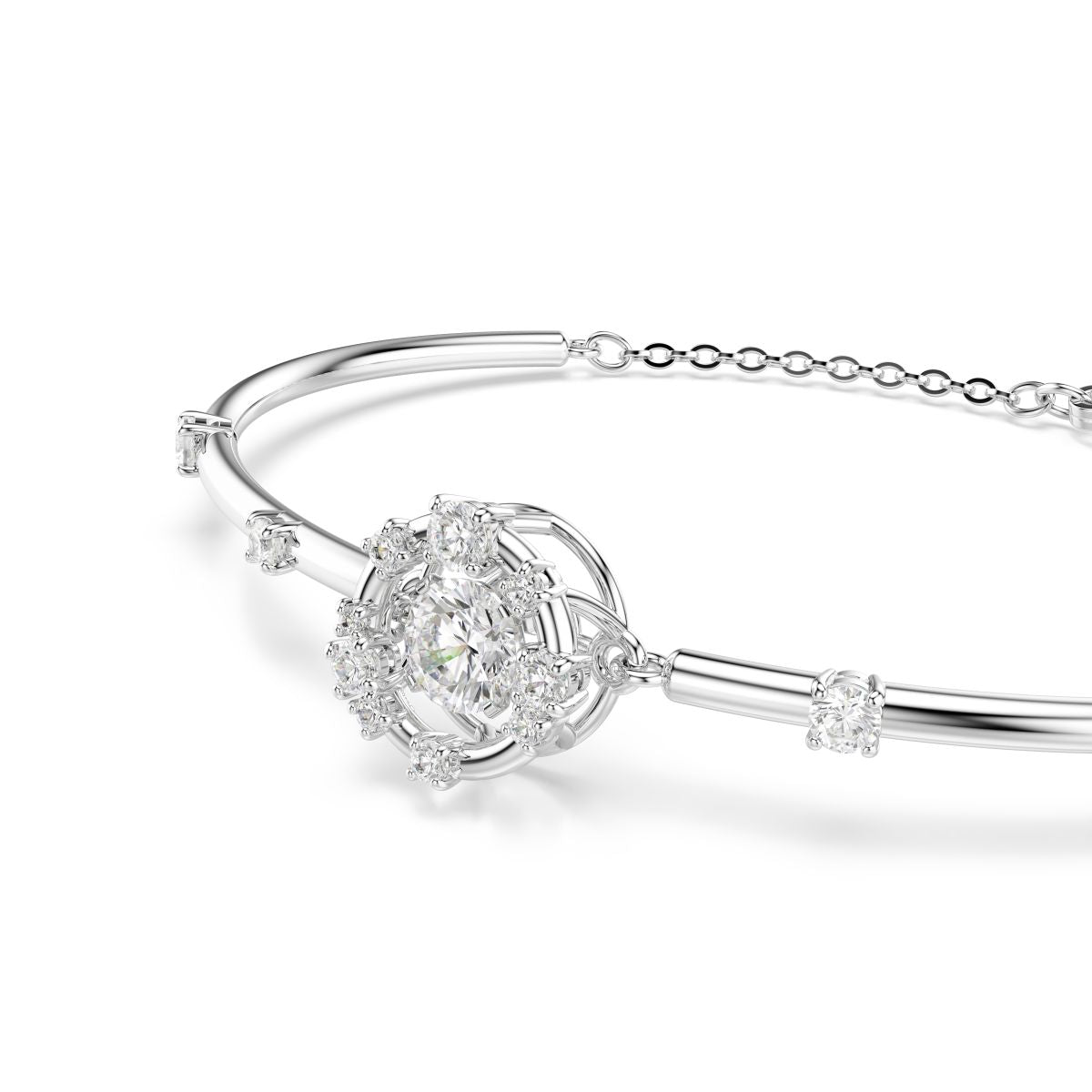 Constella bangle Round cut, Dancing stone, White, Rhodium plated