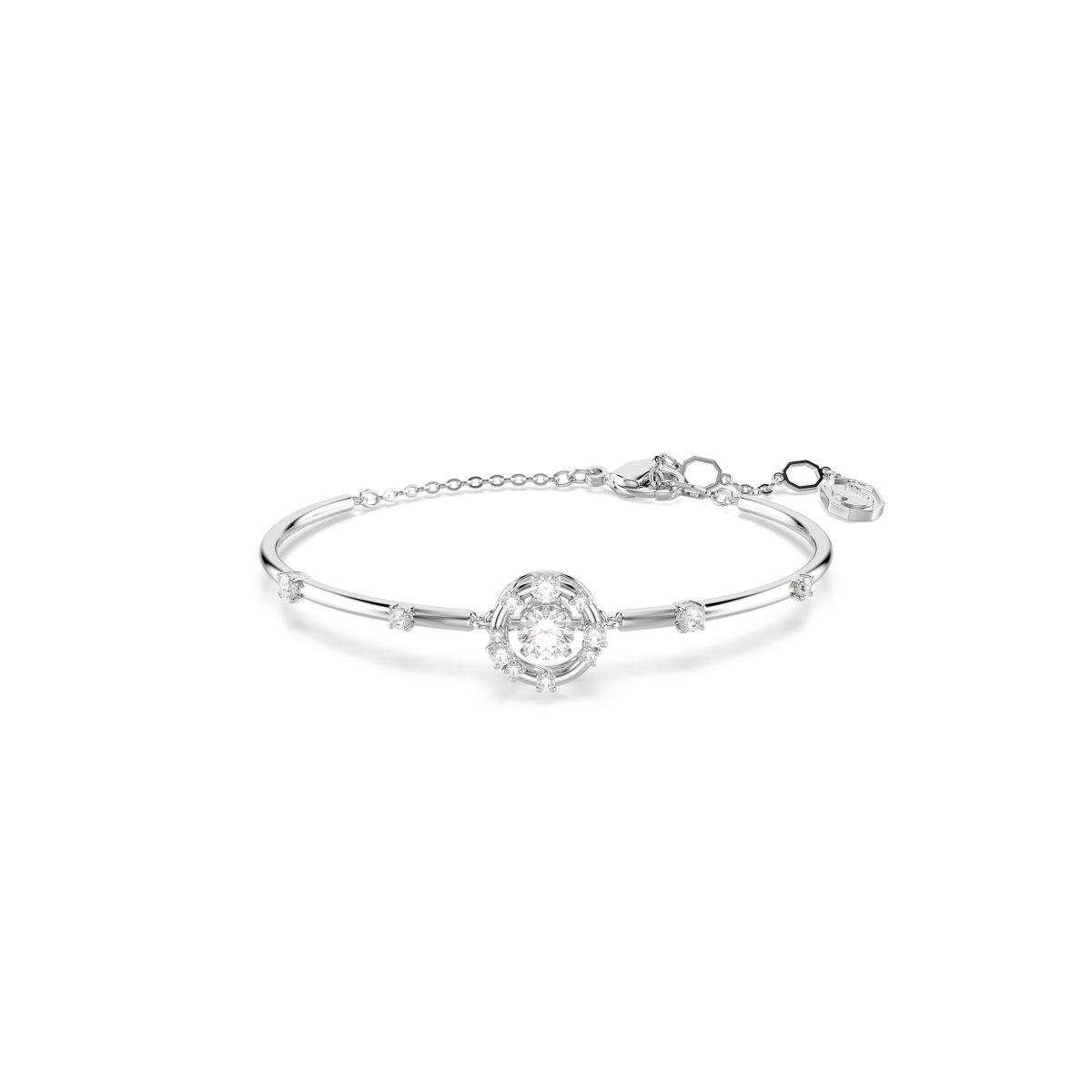 Constella bangle Round cut, Dancing stone, White, Rhodium plated