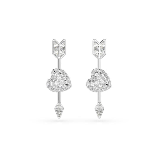 Idyllia drop earrings Mixed cuts, Heart with arrow, White, Rhodium plated