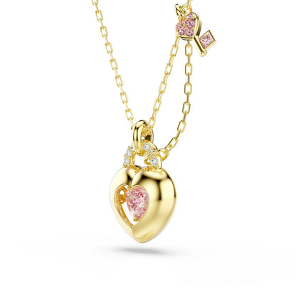 Idyllia pendant Mixed cuts, Heart, Key, Pink, Gold-tone plated