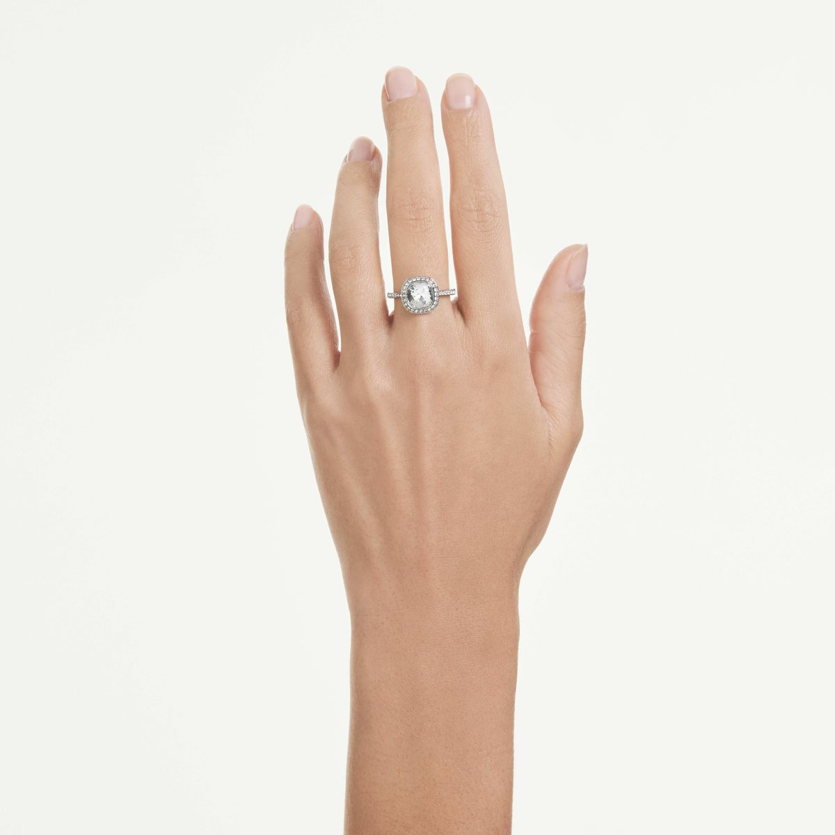 Una Angelic Strahlenkranz-Ring, Kissenschliff, Weiß, Rhodiniert