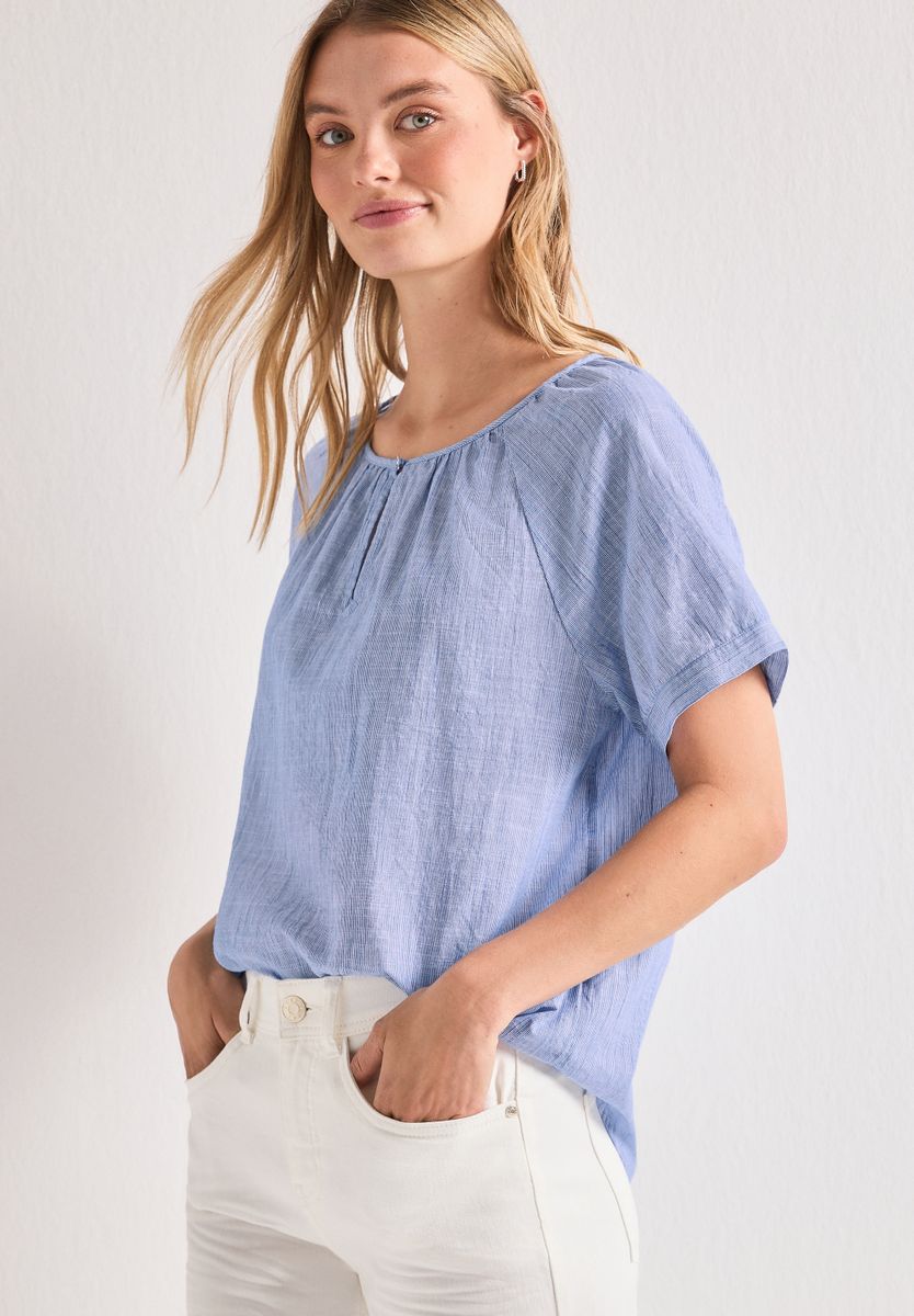 Chambray Bluse mit Rundhals und Cut-Out