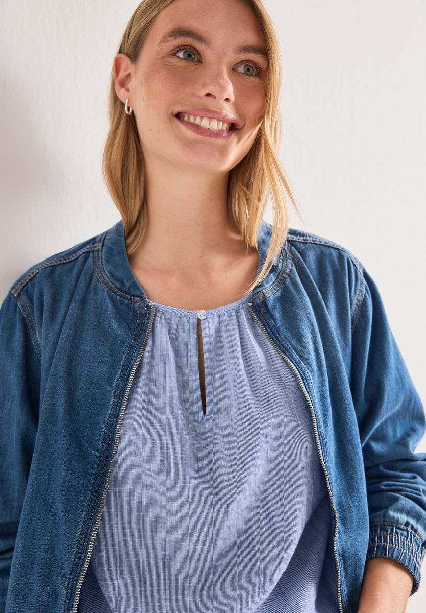 Chambray Bluse mit Rundhals und Cut-Out