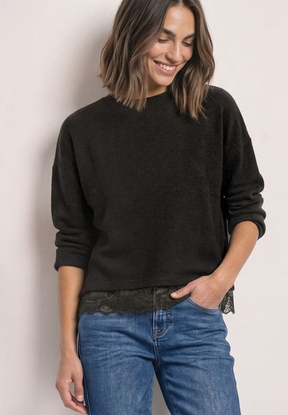 Langarm Shirt mit Rundhals und Spitzenborte